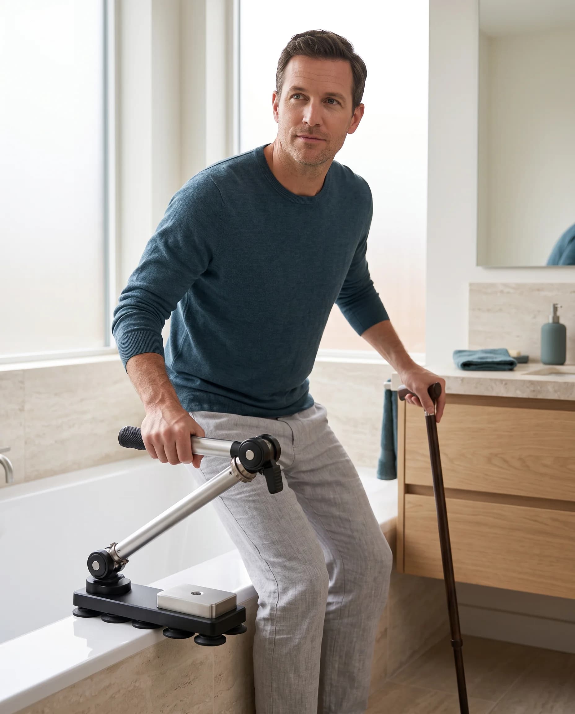 A man steadying himself on the bath support as he stands up from the tub edge.
