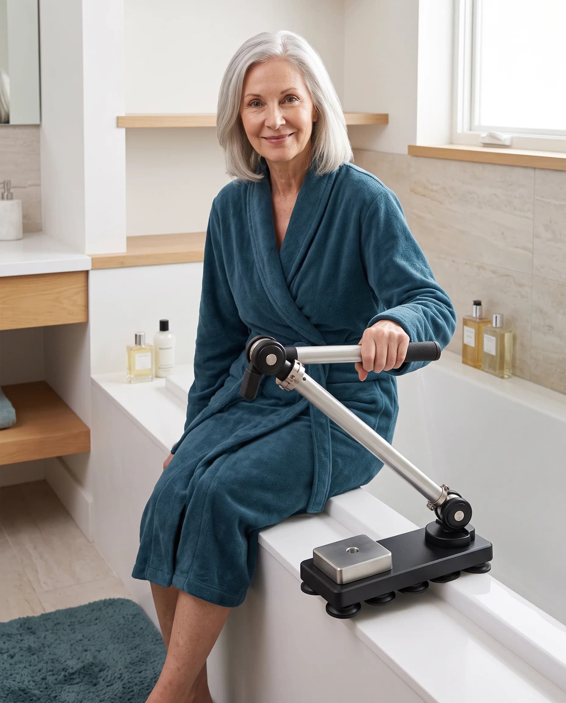 A smiling woman in her seventies holding the bath support as she steps into the tub.