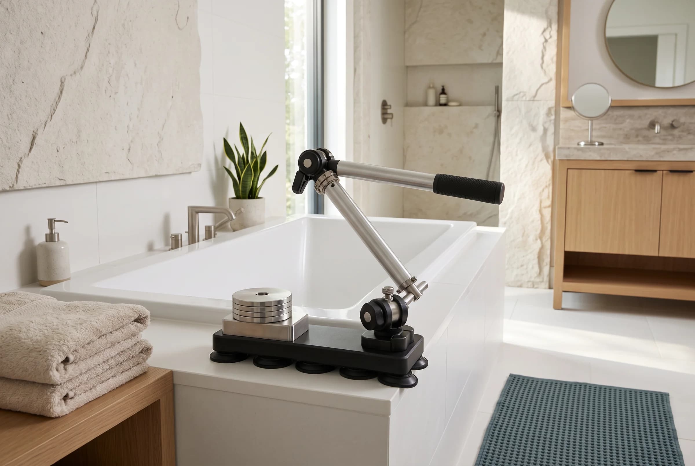 A calm bathroom with the bath support on the tub ledge, an oak vanity and morning light.